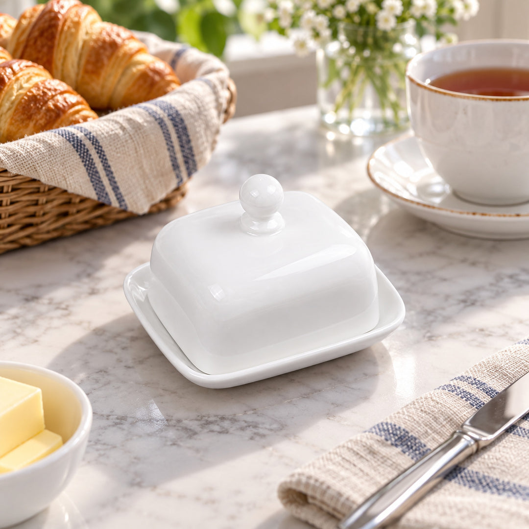 A white ceramic butter dish with a matching lid and small knob, styled on a marble breakfast table with croissants, butter, a cup of tea, and a knife.