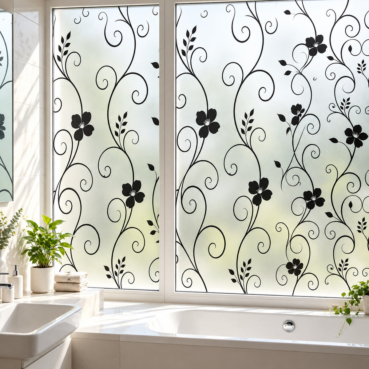 Black floral scroll vine window film applied to frosted glass panels in a bright bathroom, with a bathtub, sink, and potted plants visible.