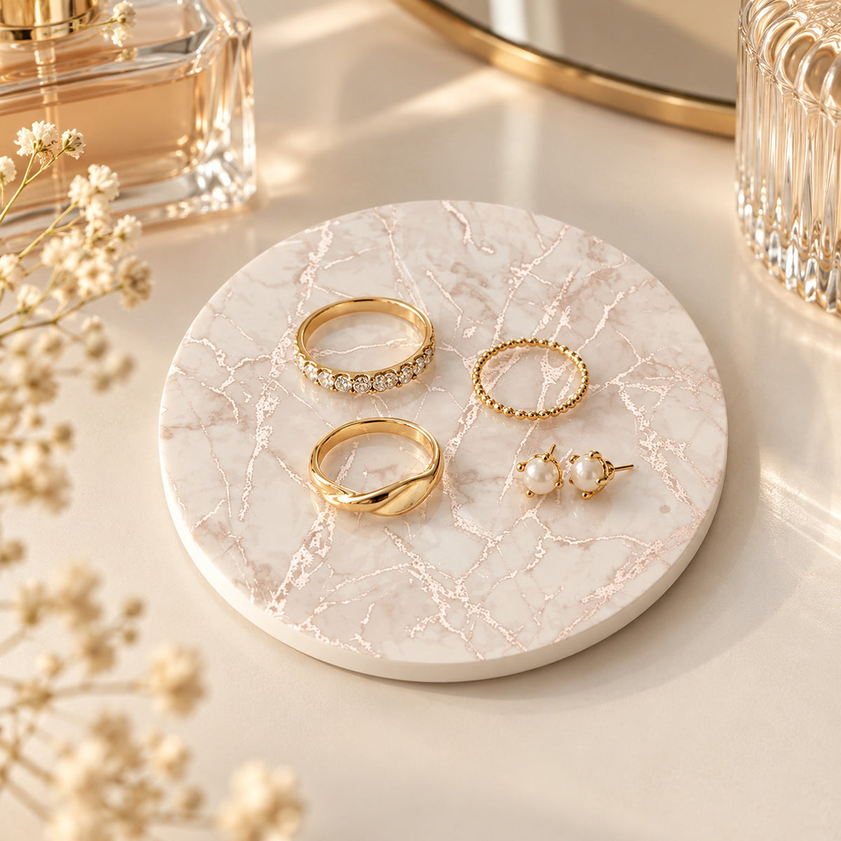 A styled flat-lay of gold jewelry on a round white marble tray, including three rings and a pair of pearl stud earrings, with decorative flowers and glassware in a warm, sunlit setting.