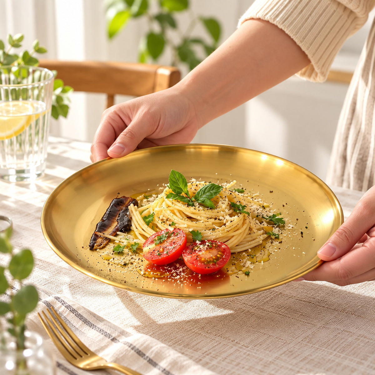 Gold shallow stainless steel serving plate carrying pasta at a dining table.