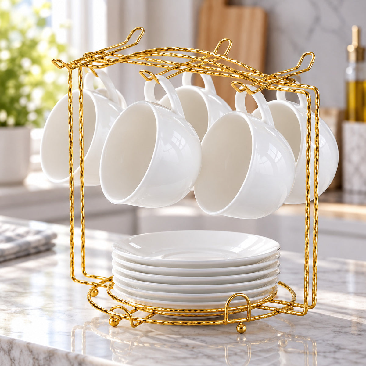 Gold twisted-wire rack organizing cups above saucers; cups and saucers are display props, not included.