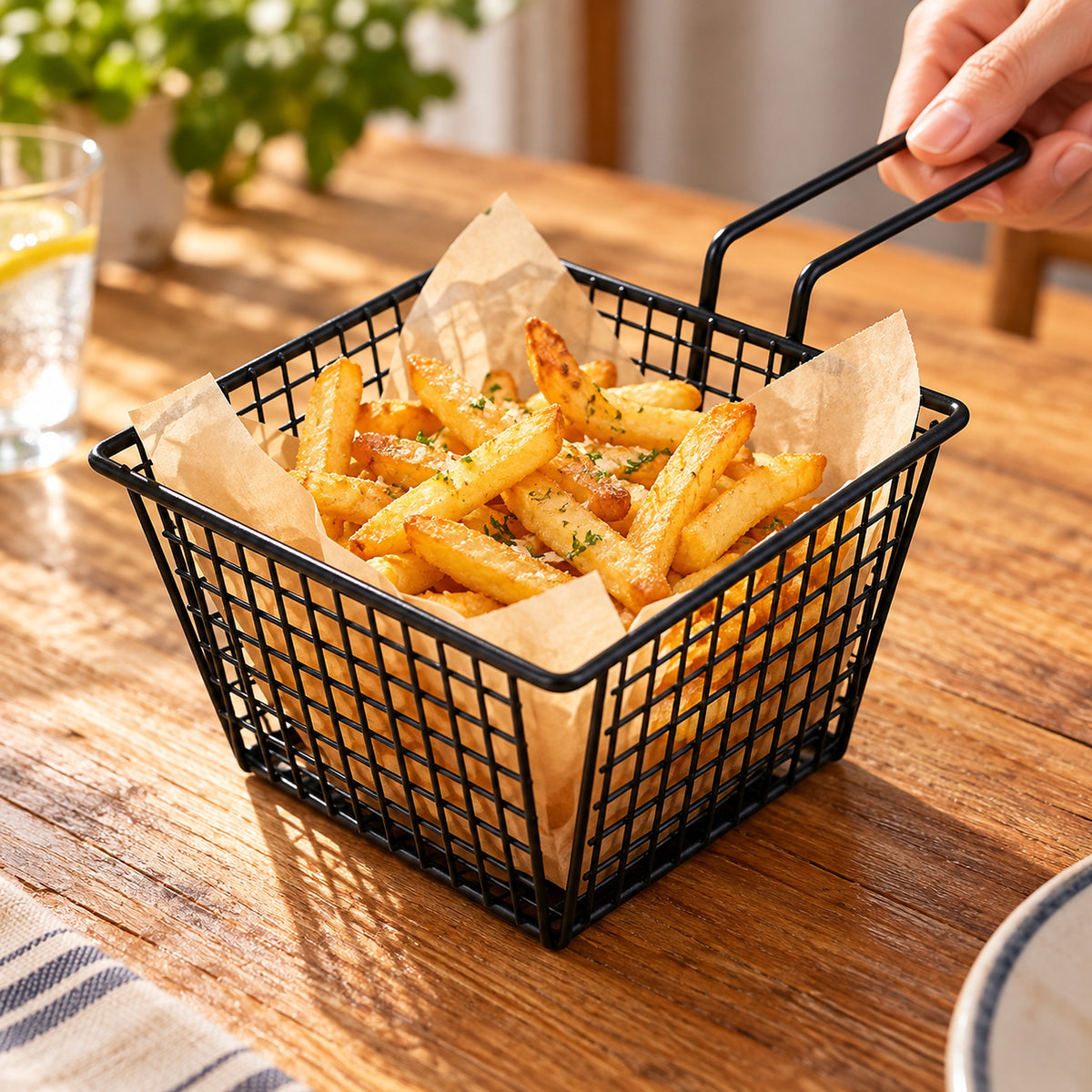 Black wire serving basket with golden fries on a dining table.