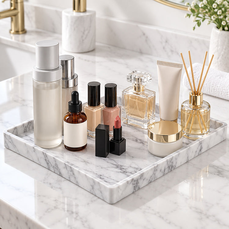 A marble bathroom vanity tray holding assorted skincare and beauty products, including bottles, tubes, lipsticks, a perfume bottle, and a reed diffuser, arranged on a white marble countertop with gold-toned fixtures in the background.