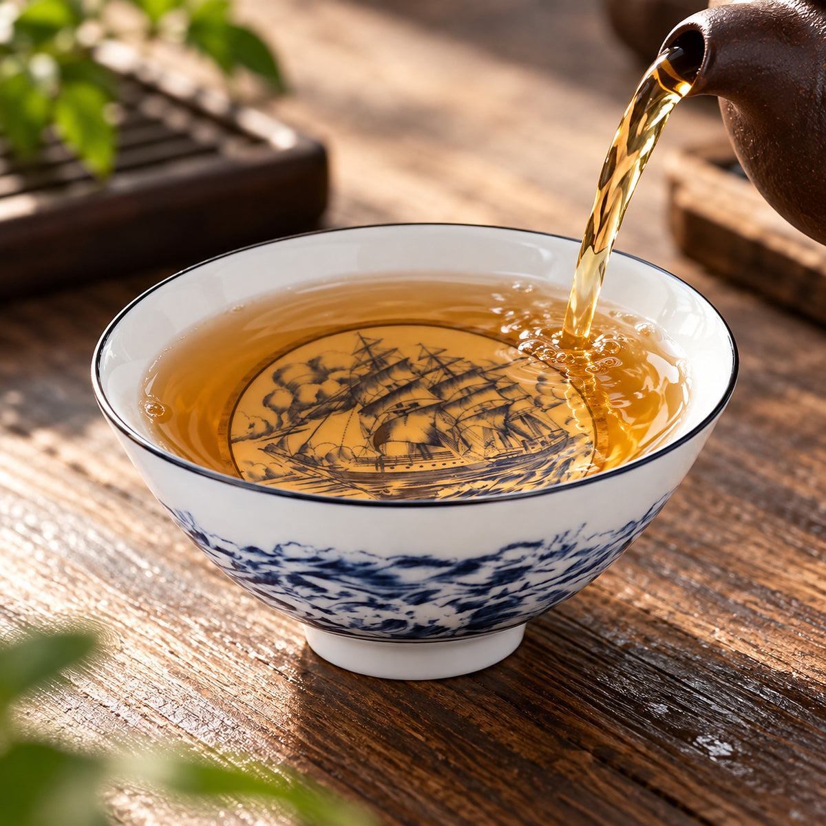 One blue-and-white Sailing Ship porcelain tea cup receiving a small pour of tea.