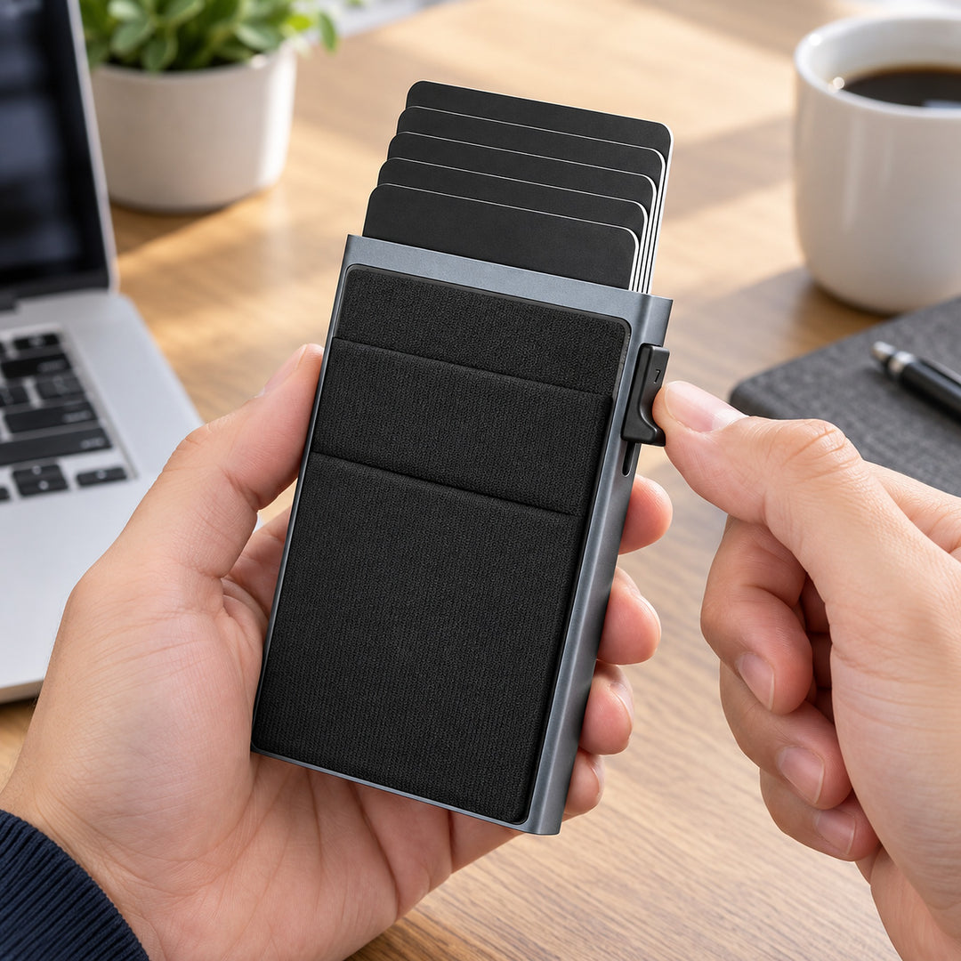 Hand using the side lever of a gray and black card wallet to access sample cards.
