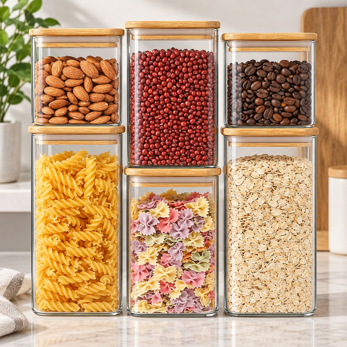 Six clear glass canisters with light wood lids are arranged in two rows on a countertop, filled with almonds, red beans, coffee beans, rotini pasta, multicolor bowtie pasta, and oats. A plant and kitchen background are visible.