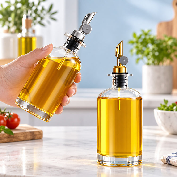 Two clear glass oil bottles with pour spouts on a kitchen counter, one being held by a hand and one standing on the counter. The bottles are filled with golden yellow oil, with a soft-focus kitchen background.