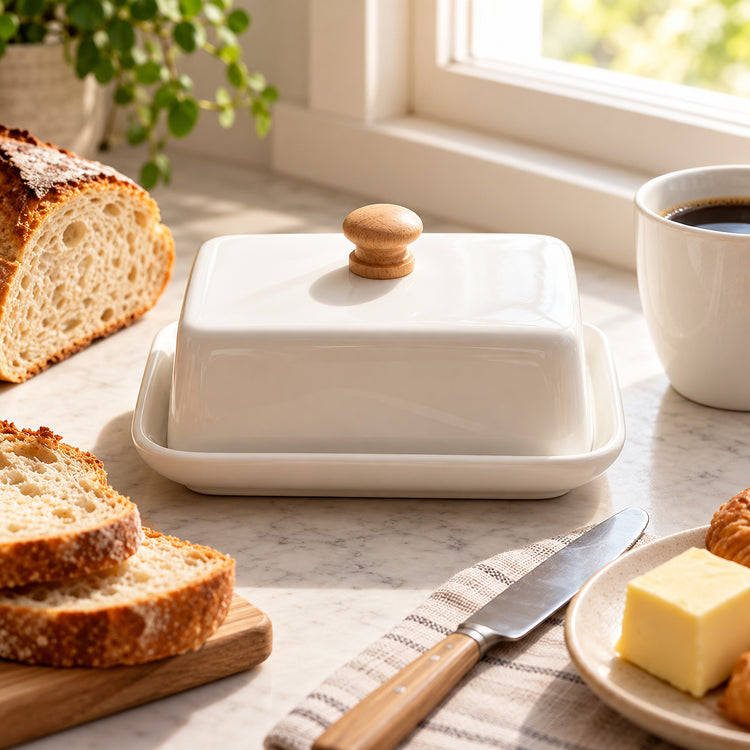 A white ceramic butter dish with a matching lid and round wooden knob, styled on a marble countertop with bread, a cup of coffee, and butter in a bright kitchen setting.