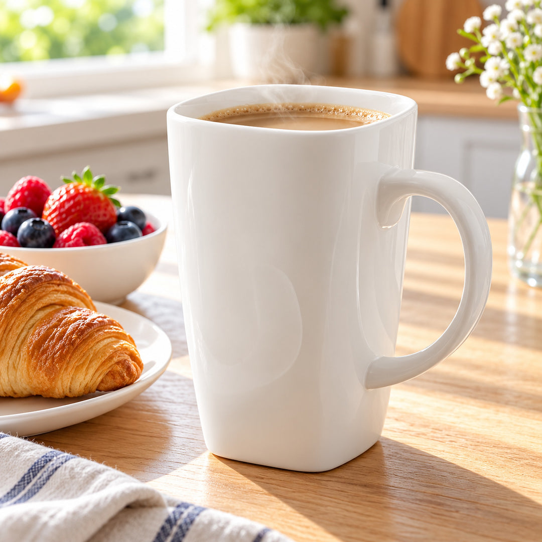 A tall white ceramic mug filled with coffee sits on a wooden table in a bright kitchen setting, with a croissant on a plate and fresh berries nearby.
