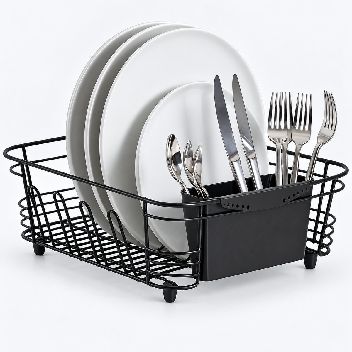 Black wire dish drying rack with a black plastic drain tray and utensil holder, shown with white plates and silver cutlery on a white background.