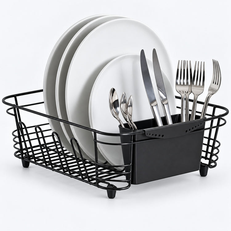 Black wire dish drying rack with a black plastic drain tray and utensil holder, shown with white plates and silver cutlery on a white background.
