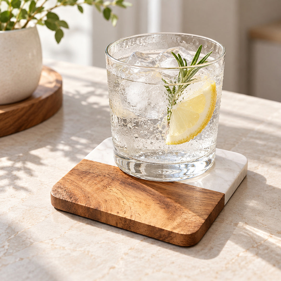 A clear glass tumbler with ice and a lemon slice sits on a square coaster with a wooden and white stone base, placed on a light stone countertop in a bright indoor setting.
