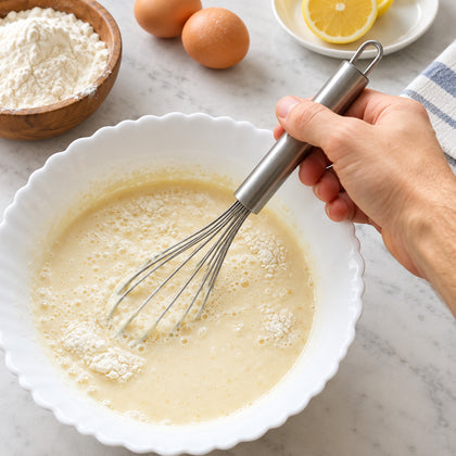 Stainless balloon whisk mixing batter by hand.