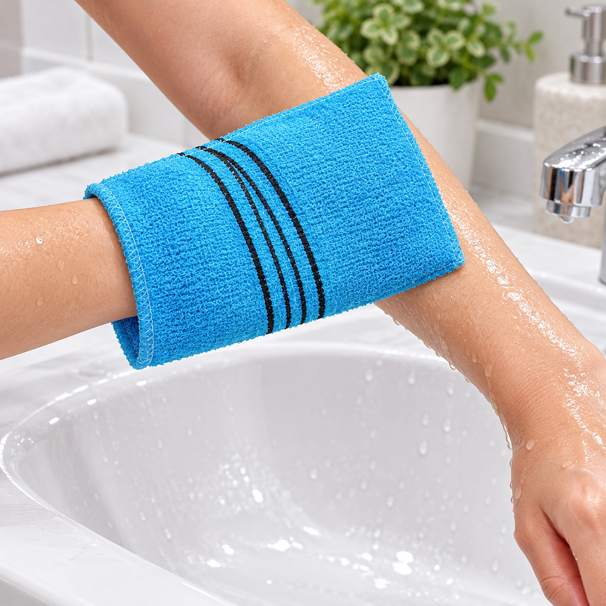 Blue rectangular exfoliating mitt used gently on a forearm beside a bathroom basin.