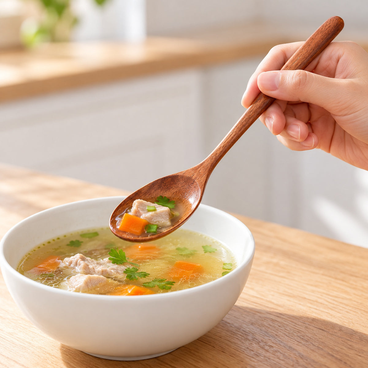 Brown wood spoon used to scoop soup from a bowl.