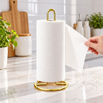 Gold upright paper towel holder keeping a roll near a kitchen spill.