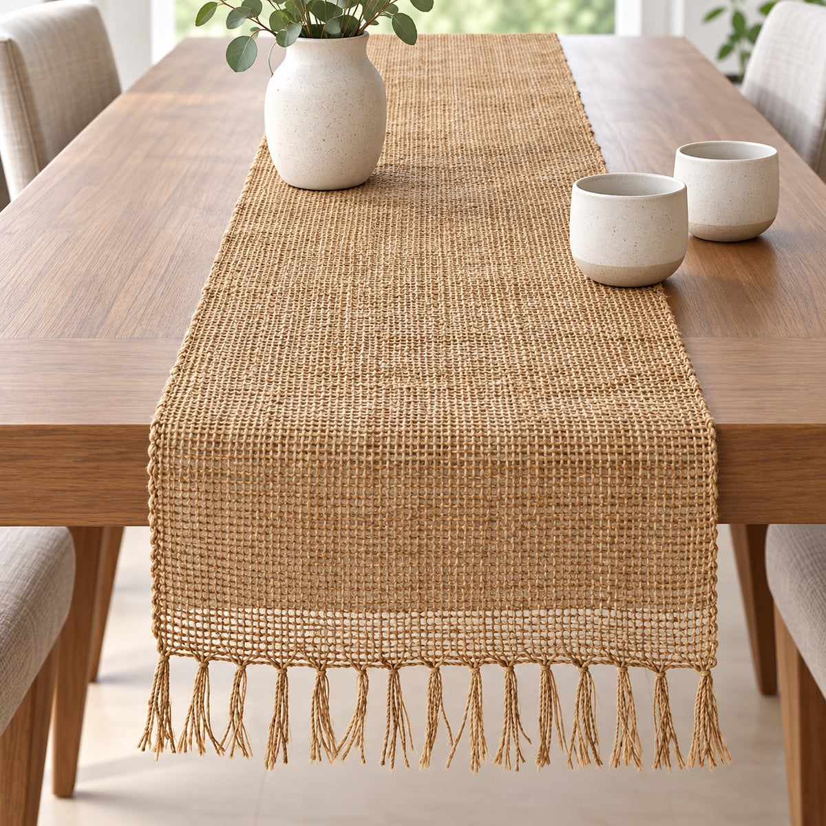 Jute table runner with knotted fringe on a dining table; props not included.
