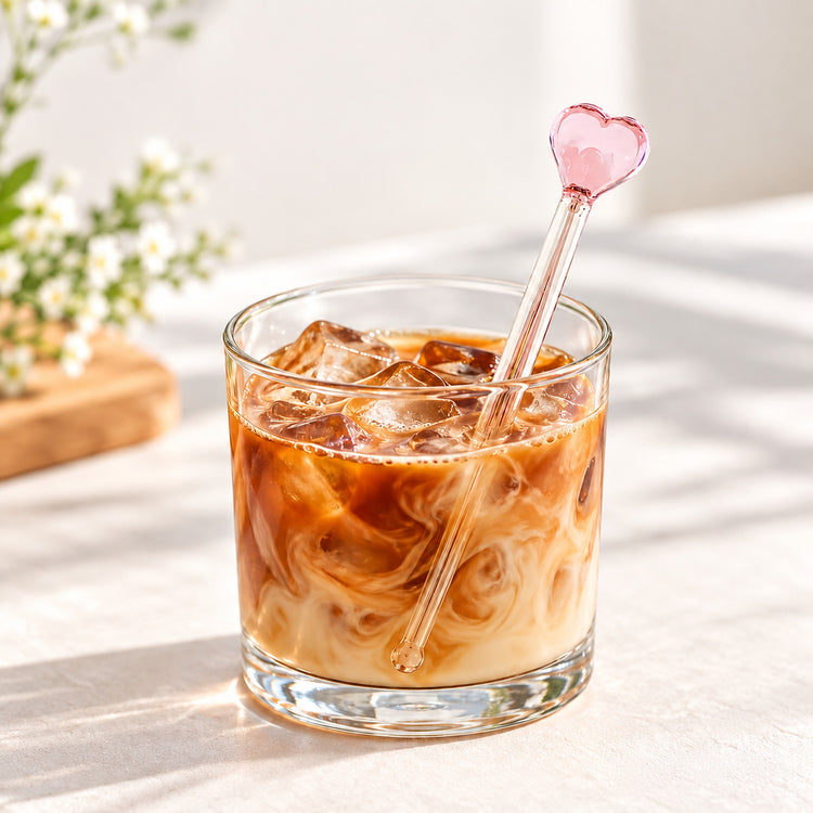 Pink heart glass stirrer mixing iced coffee; one stirrer, drinkware not included.