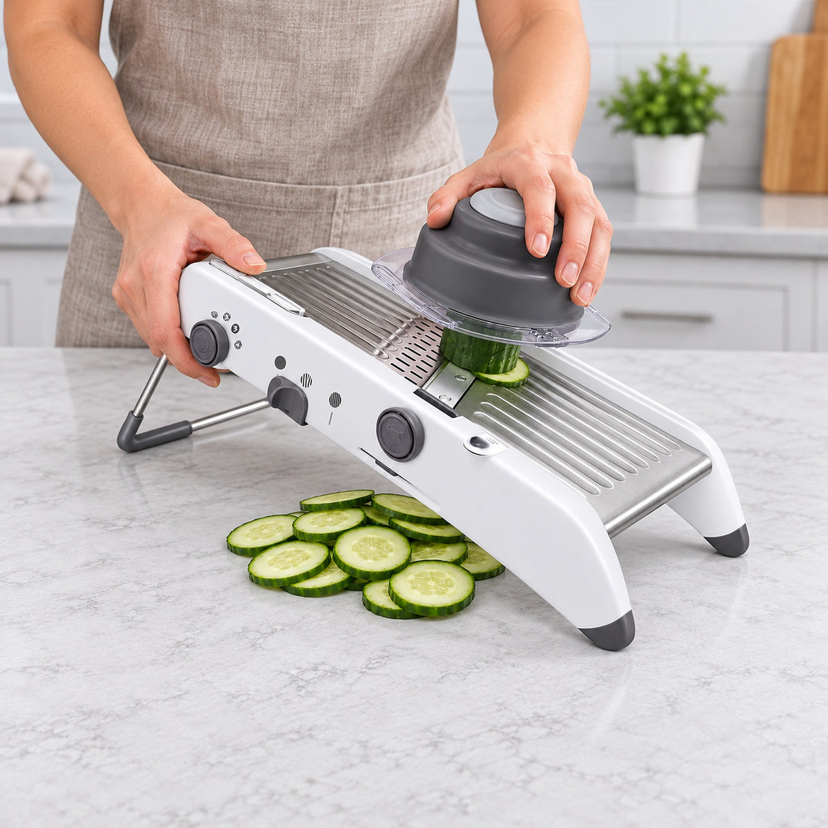 White mandoline preparing cucumber slices with its food holder.