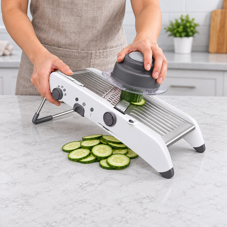 White mandoline preparing cucumber slices with its food holder.