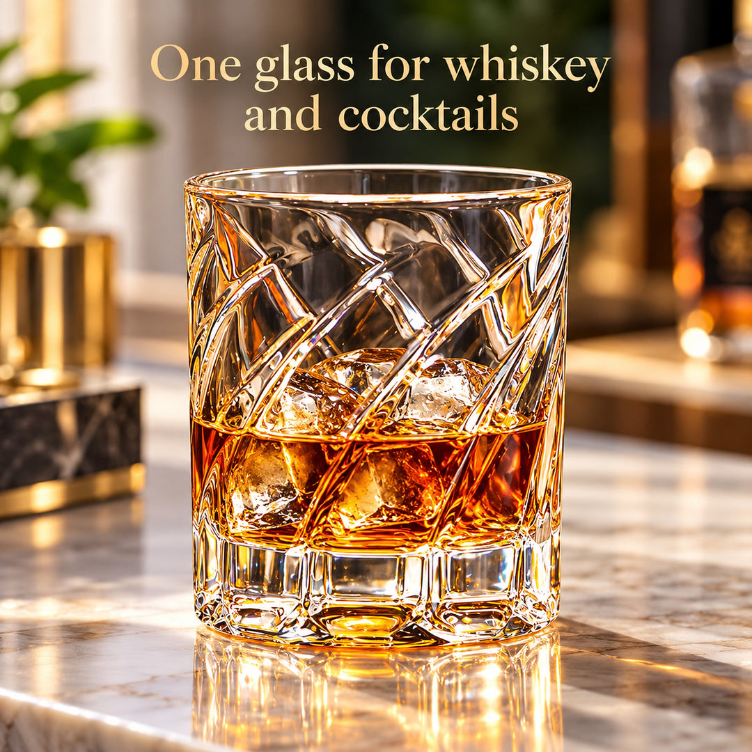 350 ml shark-fin whiskey glass serving whiskey and ice on a home-bar tabletop.