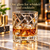 350 ml shark-fin whiskey glass serving whiskey and ice on a home-bar tabletop.