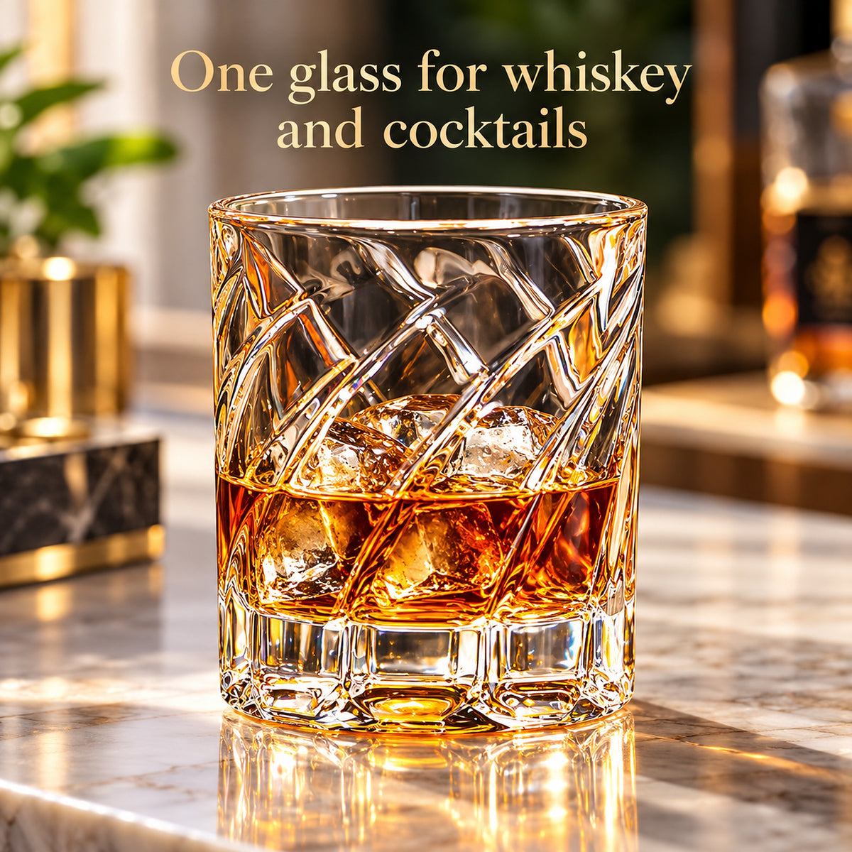 350 ml shark-fin whiskey glass serving whiskey and ice on a home-bar tabletop.