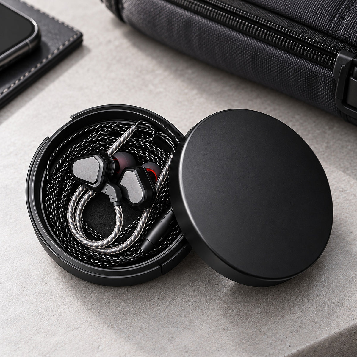 Wired earbuds neatly stored inside the lined round case; earphones not included.