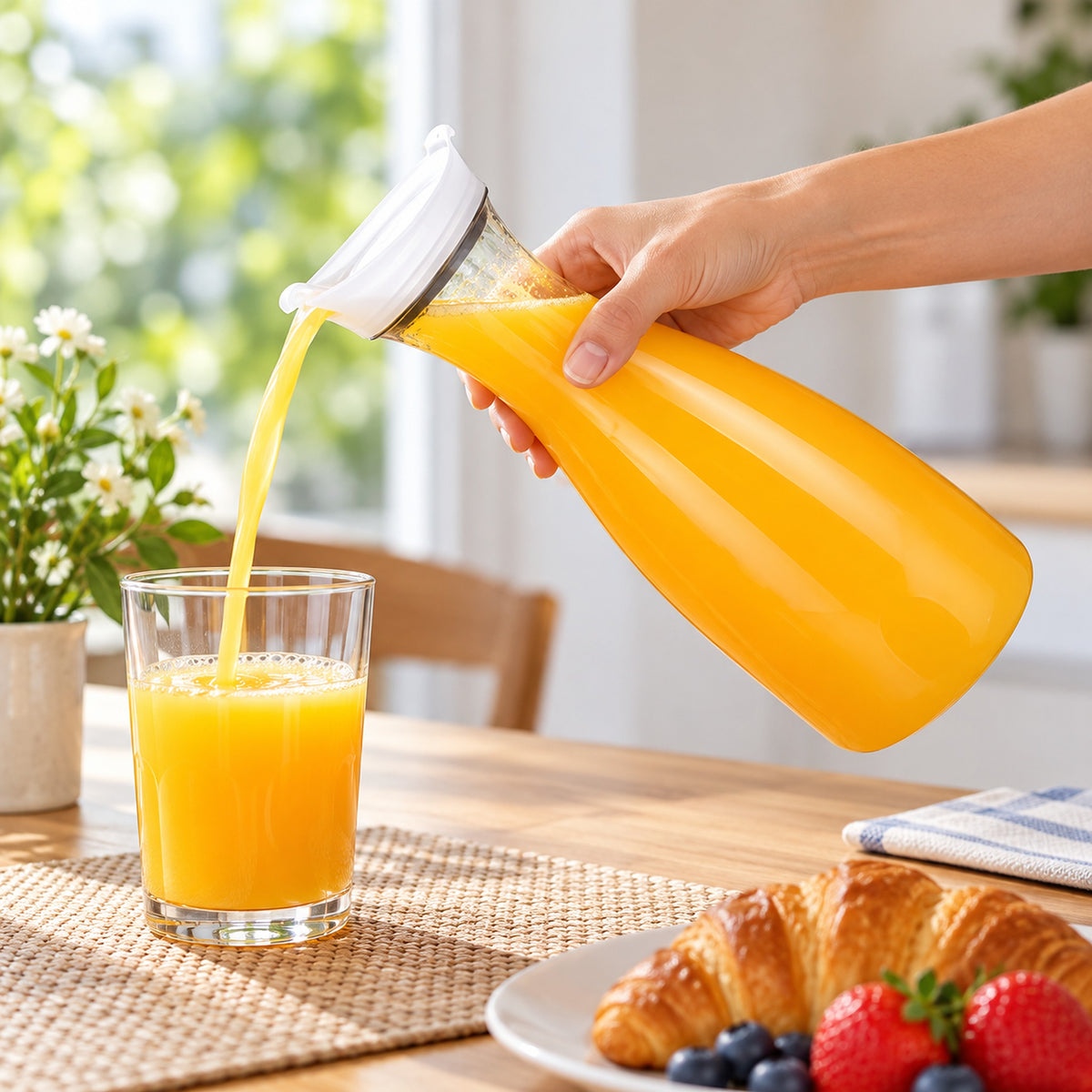 Pouring cold orange juice from the clear plastic carafe.