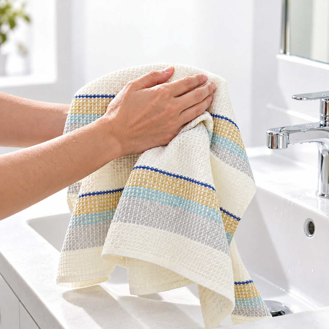 Blue striped cotton waffle towel drying hands at a bathroom sink; one selected towel.