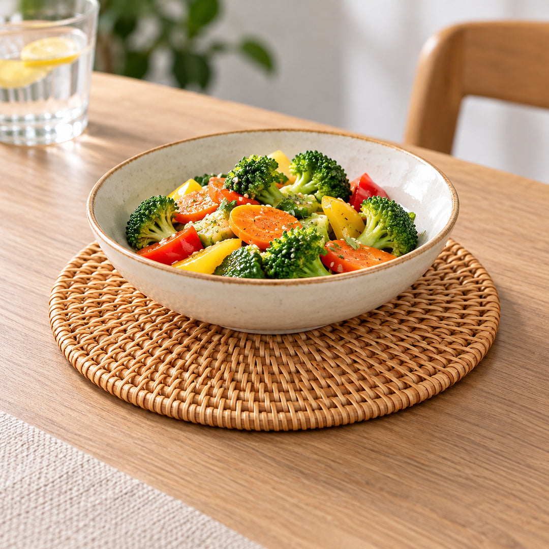 Round rattan trivet supporting a serving bowl on a dining table.