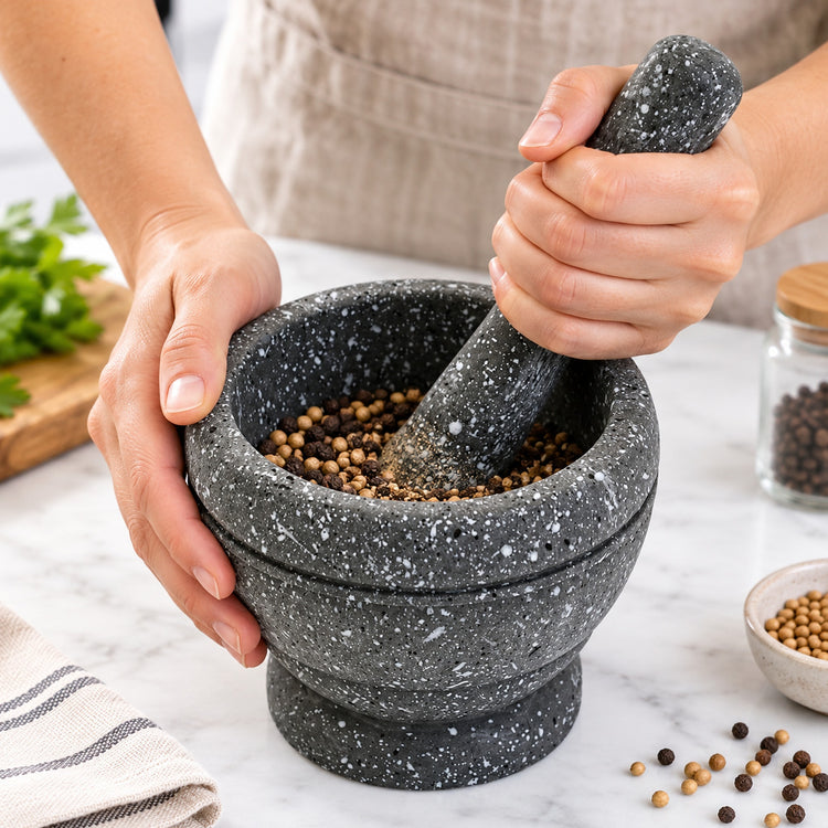 Gray speckled mortar and pestle crushing peppercorns and coriander by hand.