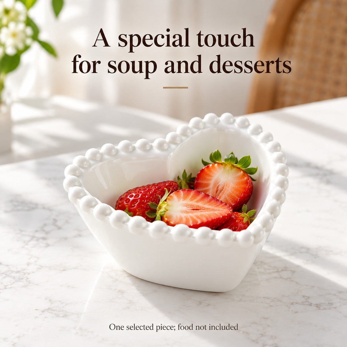 White heart-shaped ceramic bowl with pearl-style rim serving strawberries; one selected piece.
