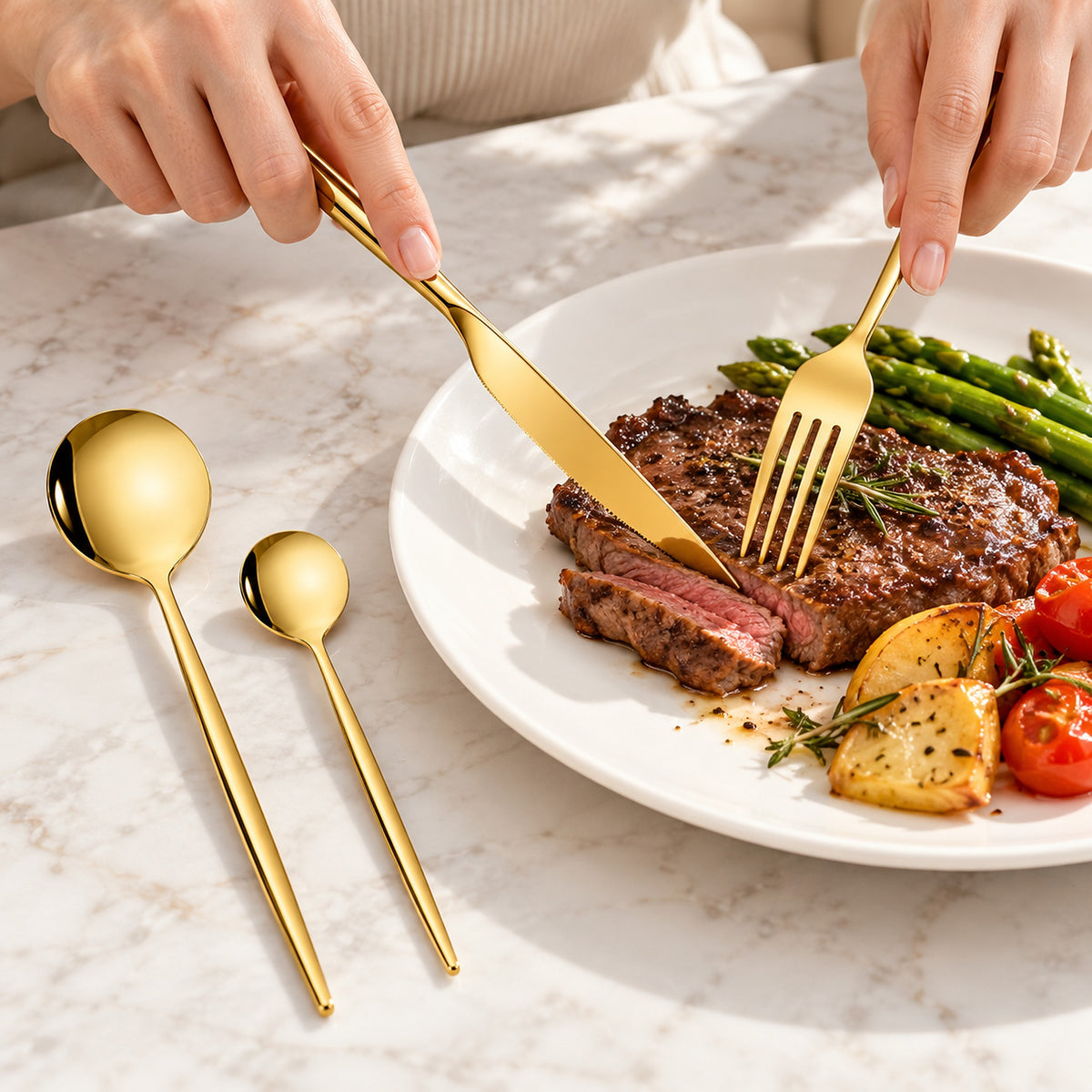 Gold knife and fork used at a meal, with matching dinner spoon and teaspoon.