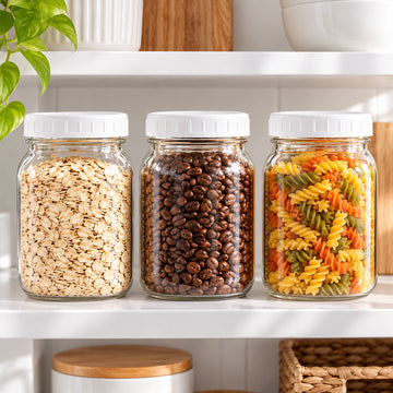 White storage lids on pantry jars of oats, coffee and pasta.