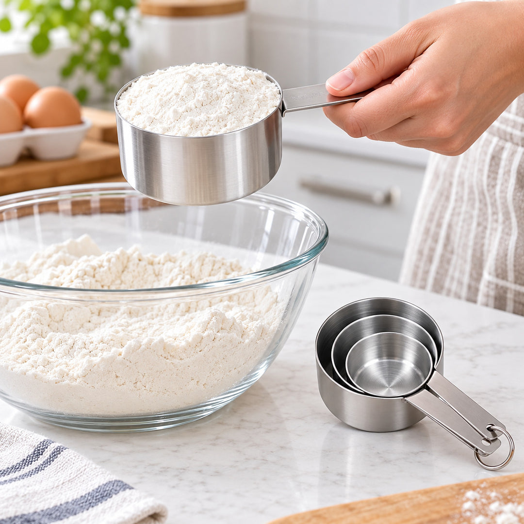 Stainless steel measuring cup used to portion flour for baking.