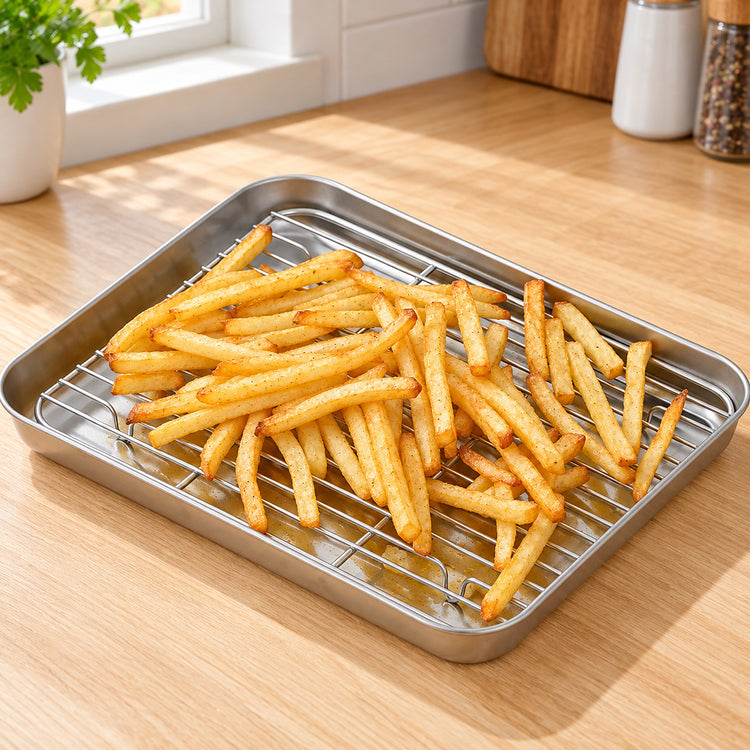 Potato fries on a removable wire rack seated inside its drip-catching tray.