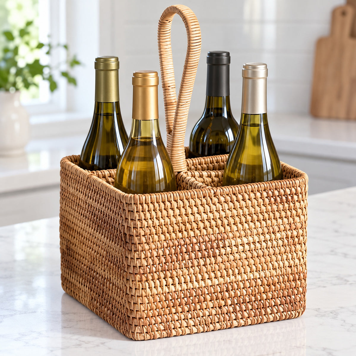 Square handled wicker basket holding four bottles on a counter; bottles not included.