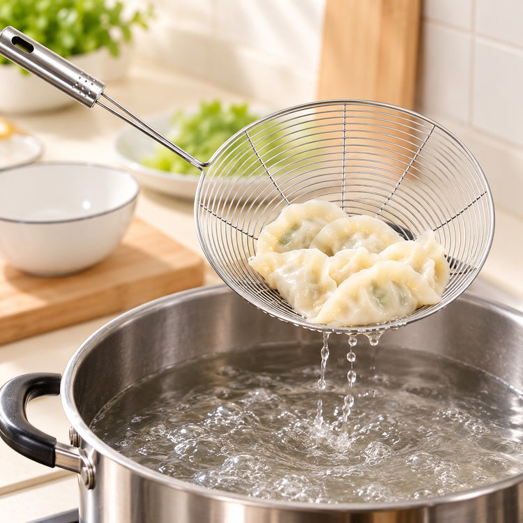 Wire skimmer lifting cooked dumplings and draining water over a pot.