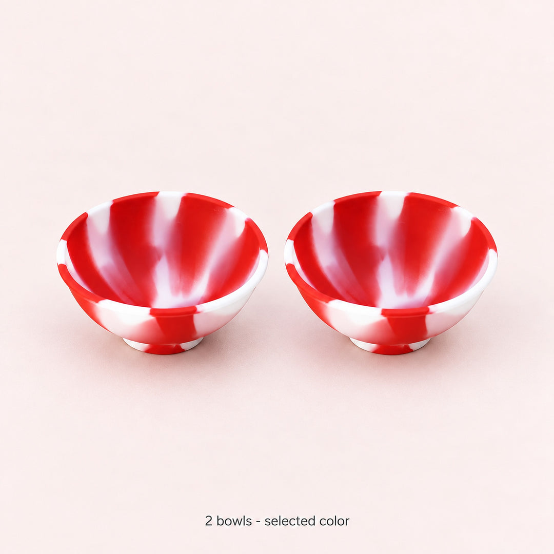 Two red-and-white silicone mini bowls; selected color set.