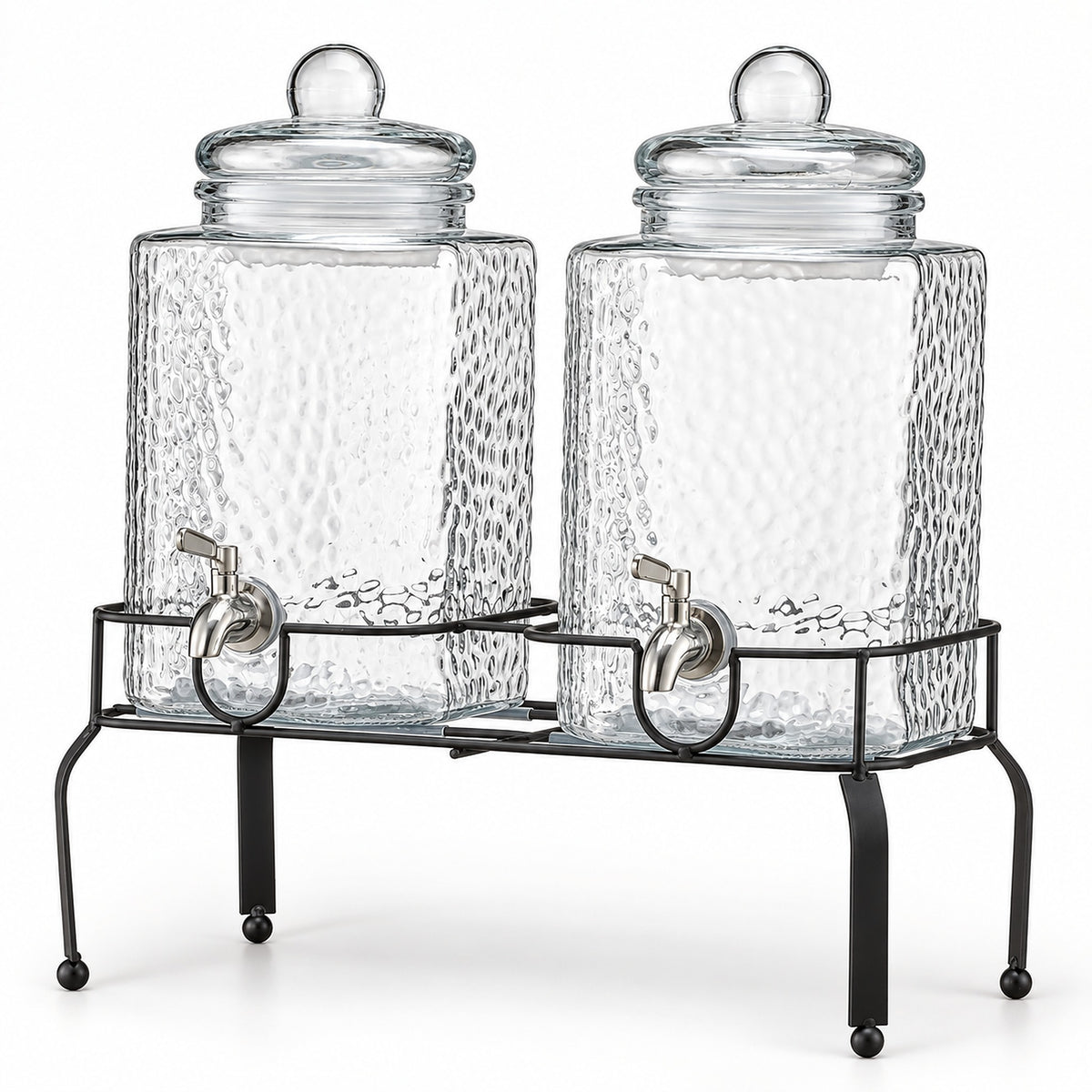 Two clear glass canisters with a hammered texture, each with a lid and a metal spout, displayed on a black metal stand against a white background.