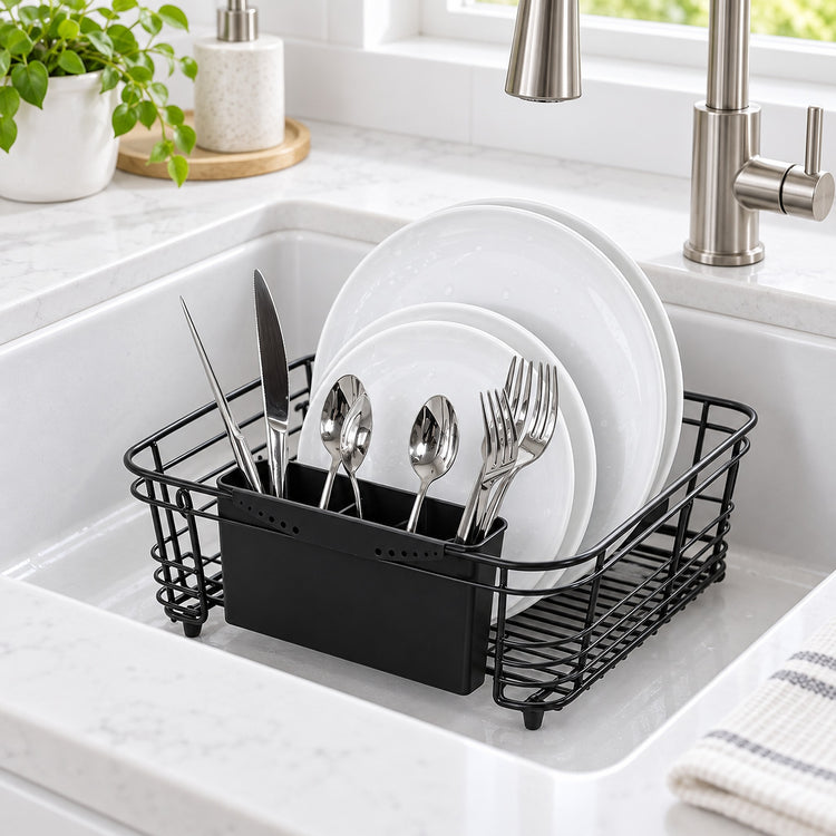 In Sink Dish Rack, Black Coated-Steel Dish Drying Rack with Removable Utensil Caddy, 14.5 × 13 × 5 Inches