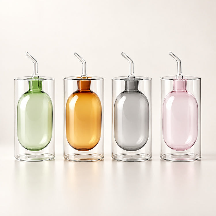 Four double-walled glass bottles with straws in green, amber, gray, and pink, arranged in a row on a light beige background.