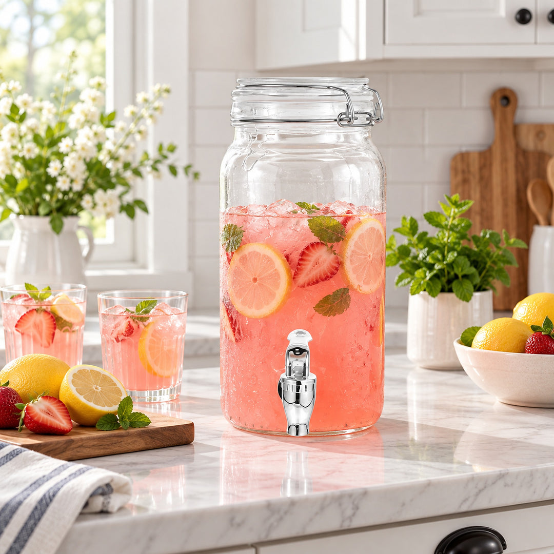 A large clear glass beverage dispenser with a metal spout, filled with pink iced drink, lemon slices, strawberries, and mint, set on a kitchen counter with matching glasses and fruit bowls nearby.