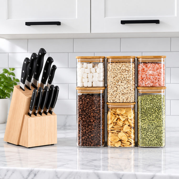 A kitchen countertop scene with a wooden knife block holding black-handled knives and a set of clear plastic storage jars with bamboo lids filled with dried beans, rice, pasta, and green beans. White cabinets and a white subway tile backsplash are visible in the background.
