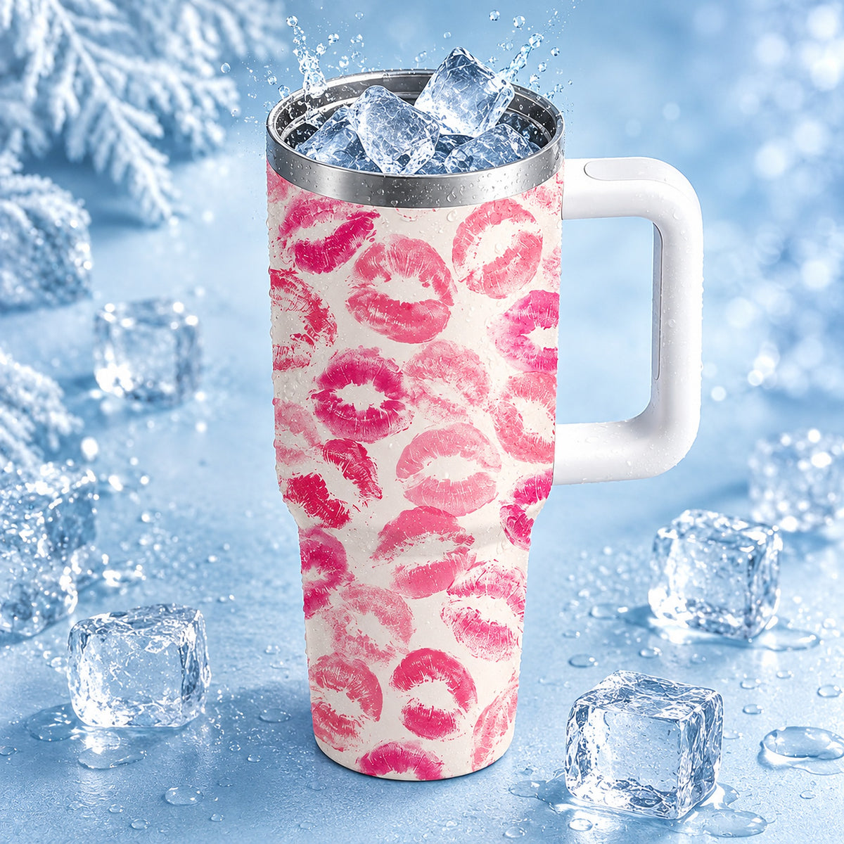 A handled travel tumbler with a white handle and silver rim, covered in a pink lip print pattern on a light background. The tumbler is shown filled with ice cubes on a blue icy surface with scattered ice cubes and frosty decorations around it.