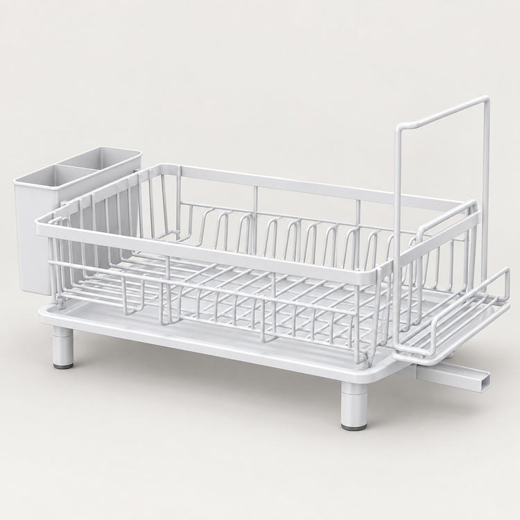 A white metal dish rack with a matching side container, shown on a clean, light beige studio background.
