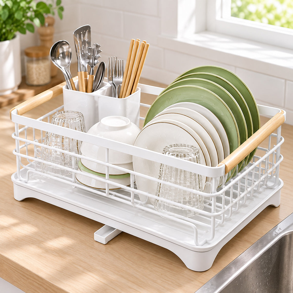 A white dish drying rack with light wood handles sits on a kitchen counter, holding stacked white and green plates, bowls, and clear drinking glasses. A sink and window are visible in the background.