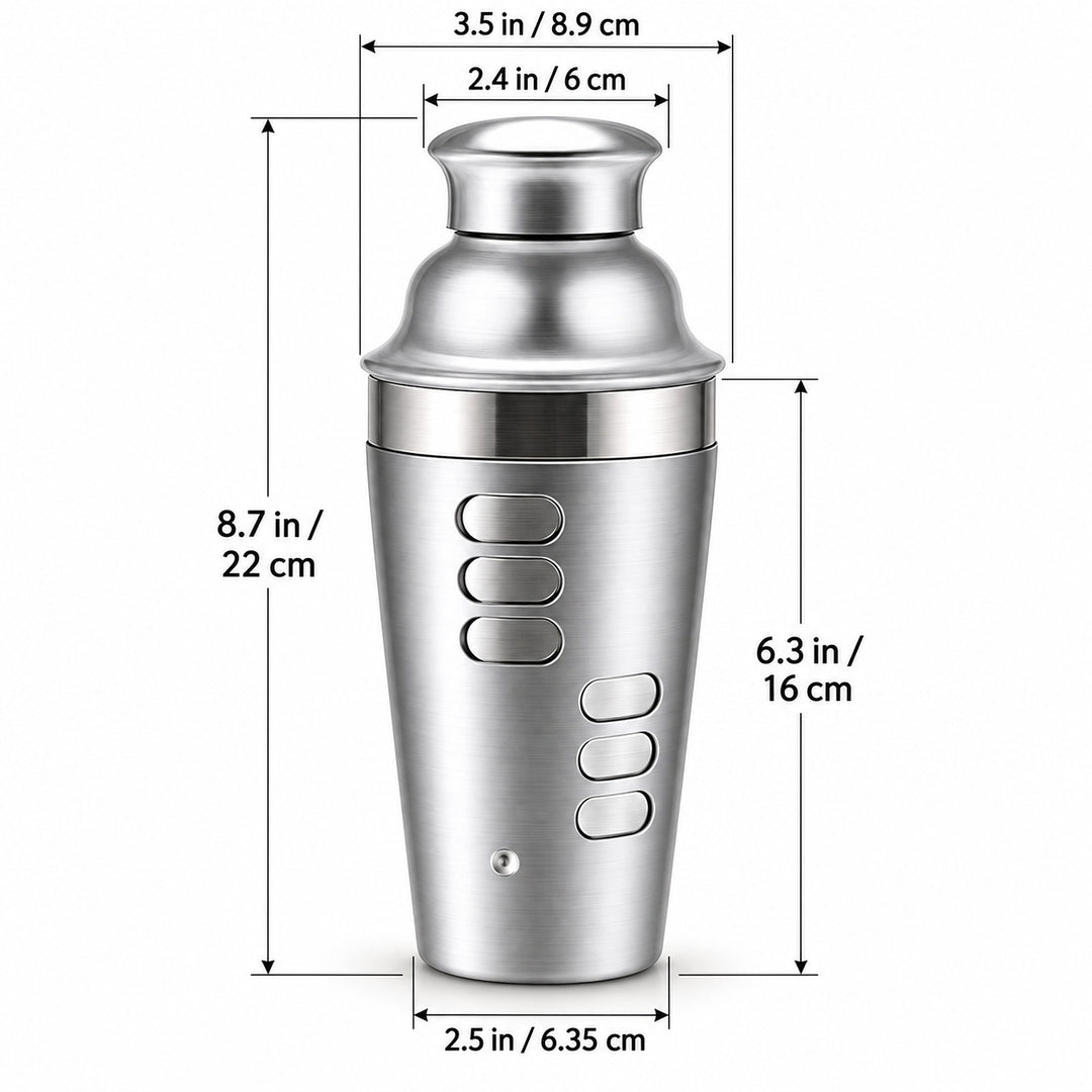 A stainless steel cocktail shaker with overlaid dimension lines and text showing height, top opening, and base measurements in inches and centimeters on a white background.