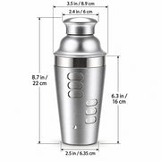 A stainless steel cocktail shaker with overlaid dimension lines and text showing height, top opening, and base measurements in inches and centimeters on a white background.